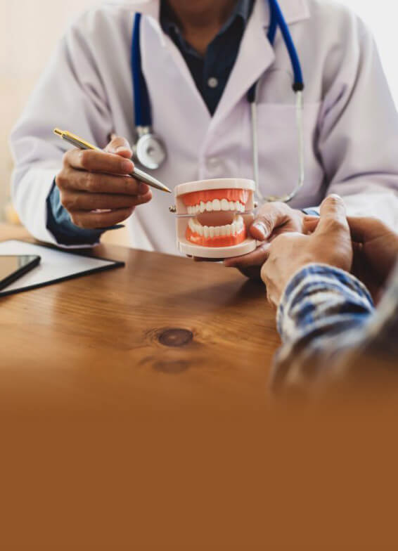 Dentist in white coat showing dental model to patient at wooden desk during consultation.