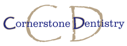 Cornerstone Dentistry logo featuring interlocking CD letters in tan with navy text.