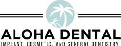 Aloha Dental logo featuring palm tree icon with implant, cosmetic, and general dentistry text.