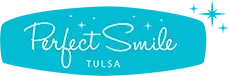 Perfect Smile Tulsa dental practice logo with turquoise banner and sparkle design elements